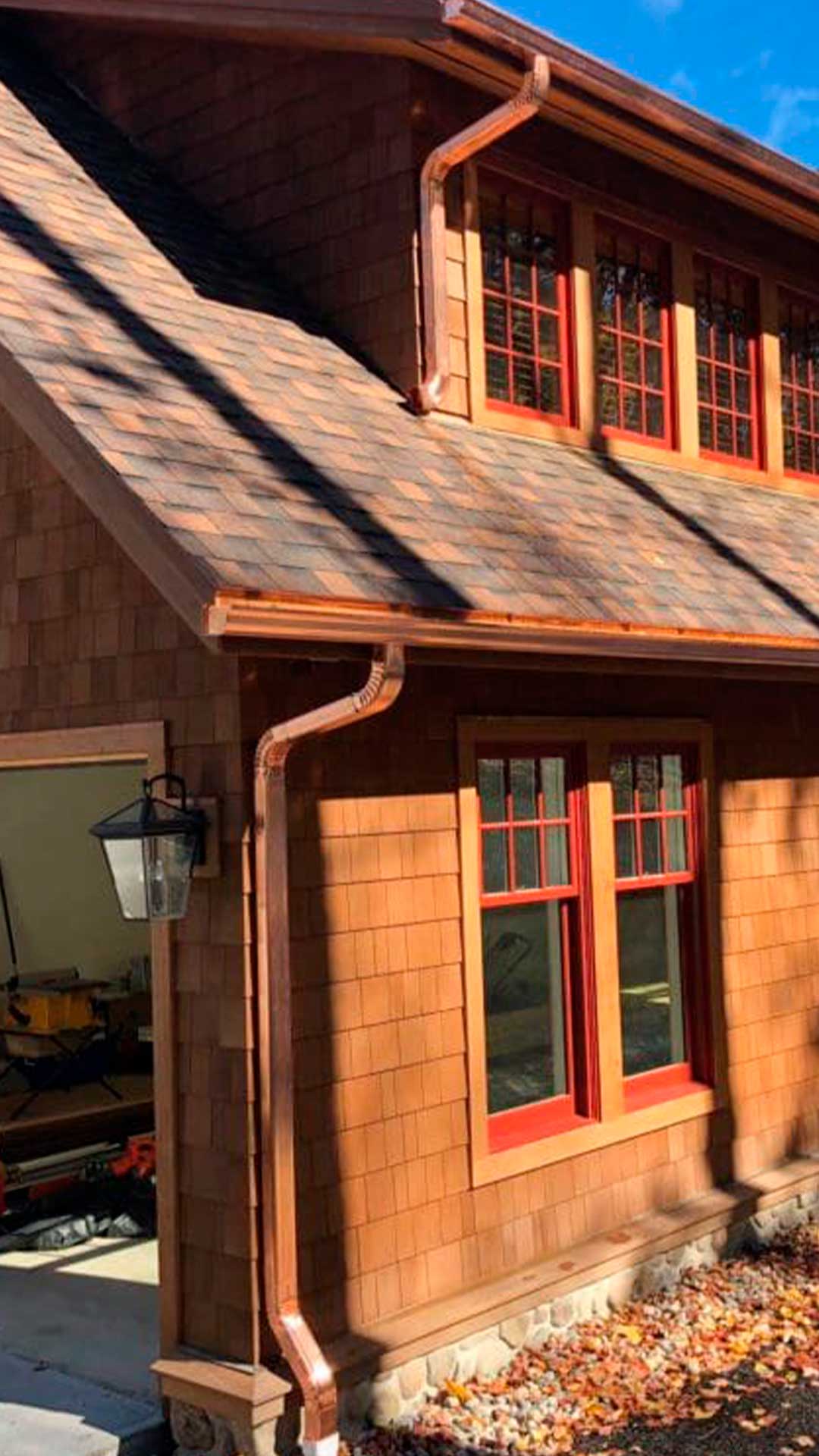 Custom hand-soldered copper gutters installed on a Central New Jersey home by Middlesex Gutter Supply